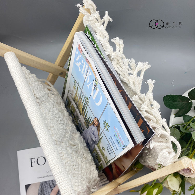 Nordic style cotton rope woven magazine rack bohemian folding storage rack solid wood storage hand woven