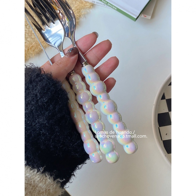 Gradient pearl handle tableware stainless steel ceramic spoon Fork Western food knife, fork and spoon combination home restaurant