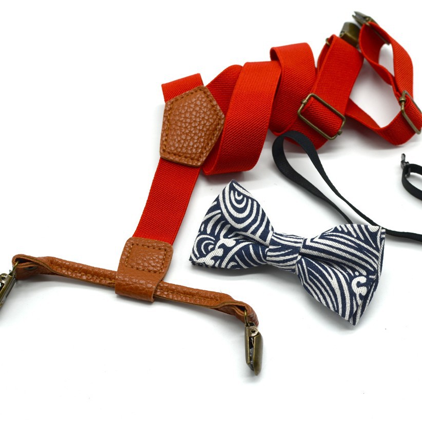 Cross-border source children's fashion solid color strap clip printed bow tie suit elastic strap 4 clip hanging pants clip