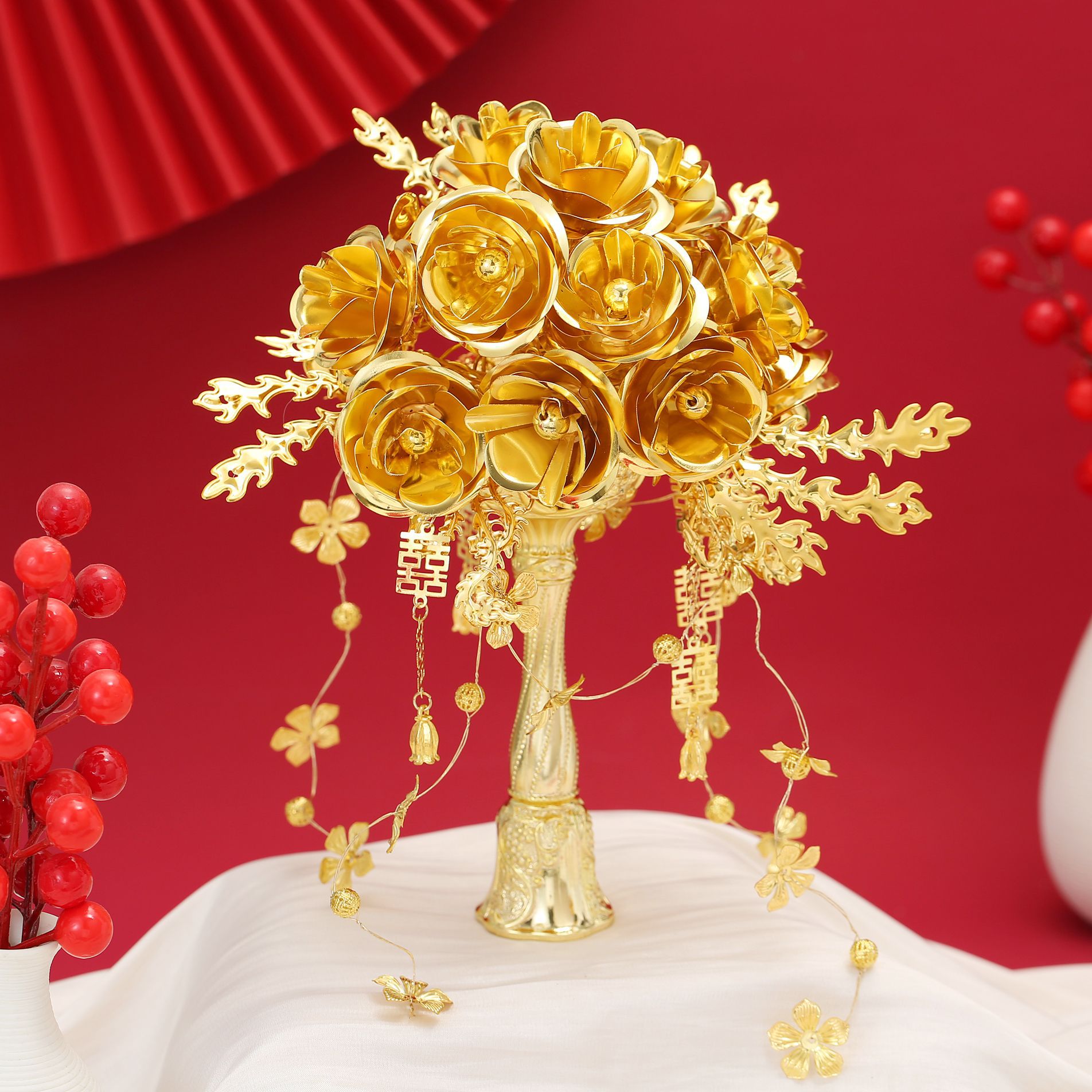 Golden Bouquet DIY High-End Material Chinese Style Bride Xiuhe Suit Fan Newlywed Cheongsam Bestie Scepter Base
