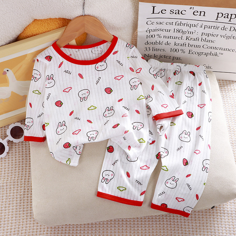 Summer Kidsren's Pure Cotton Home Clothes Set Boys and Girls Thin Three-Quarter Sleeve Pajamas Two-Piece Set Baby Air-Conditioned Clothes