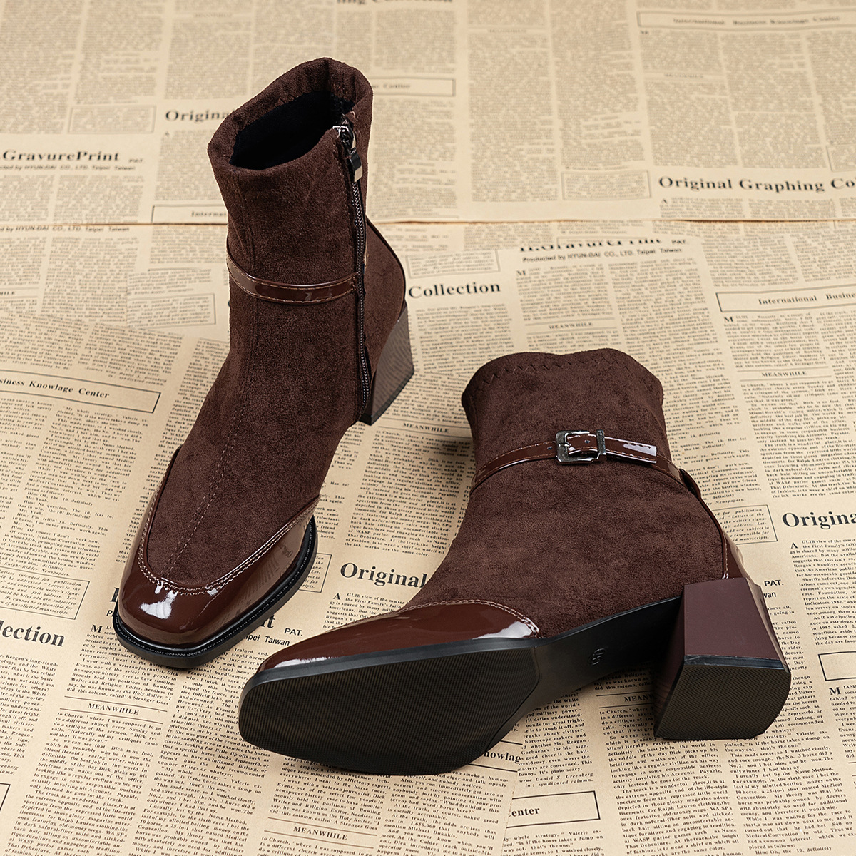 European and American Cross-Border New Retro French and British Style Black Square-Toe Leather Suede Short Boots with Side Zipper Fashion Boots