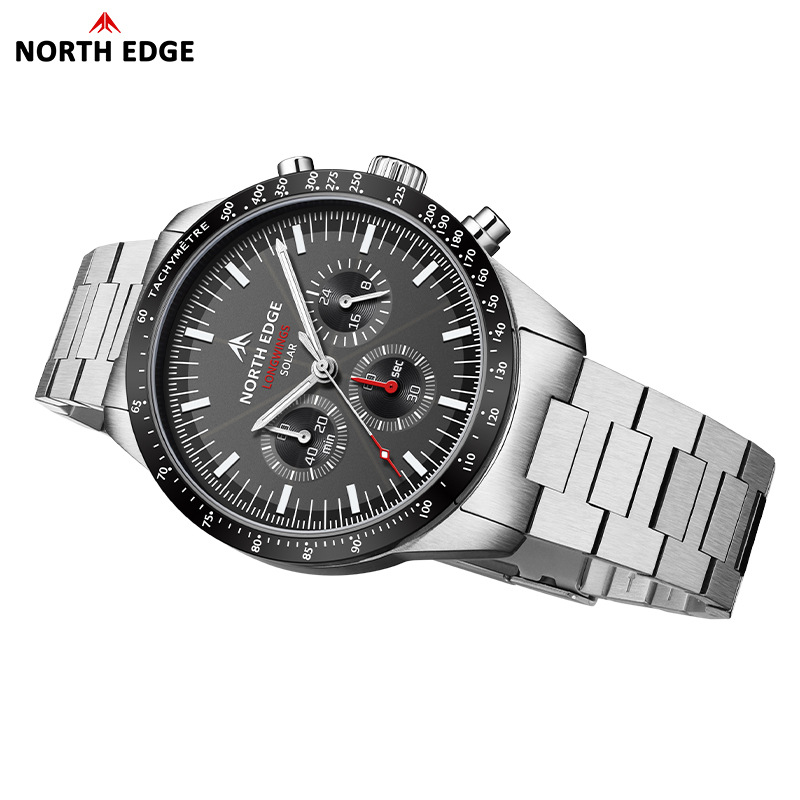 Light Wave Watch Stainless Steel Electronic Watch Three-Eye Chronograph Pointer Solar Charged Quartz Watch Luminous Waterproof Men