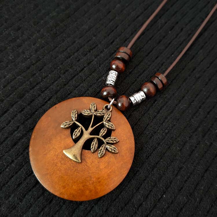 Cross-Border Amazon New Retro Cotton and Linen Accessories Ethnic Style Wooden Long Women's Sweater Chain Alloy Leaf Necklace