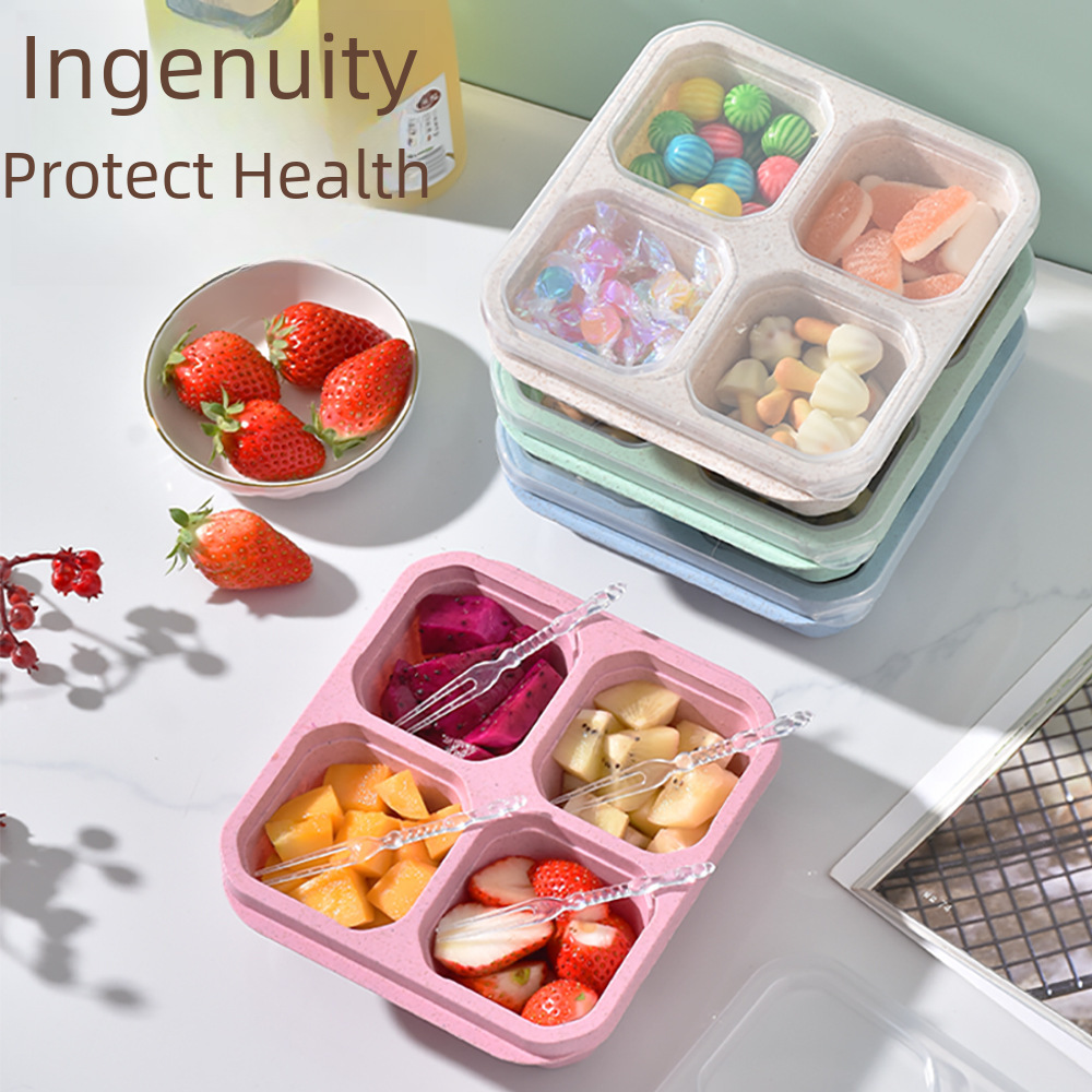 Wheat Food Box Snack Box Four-compartment Transparent Cover Snack Plate Dried Fruit Box Cooking Tea Box Fresh-keeping Snack Dish