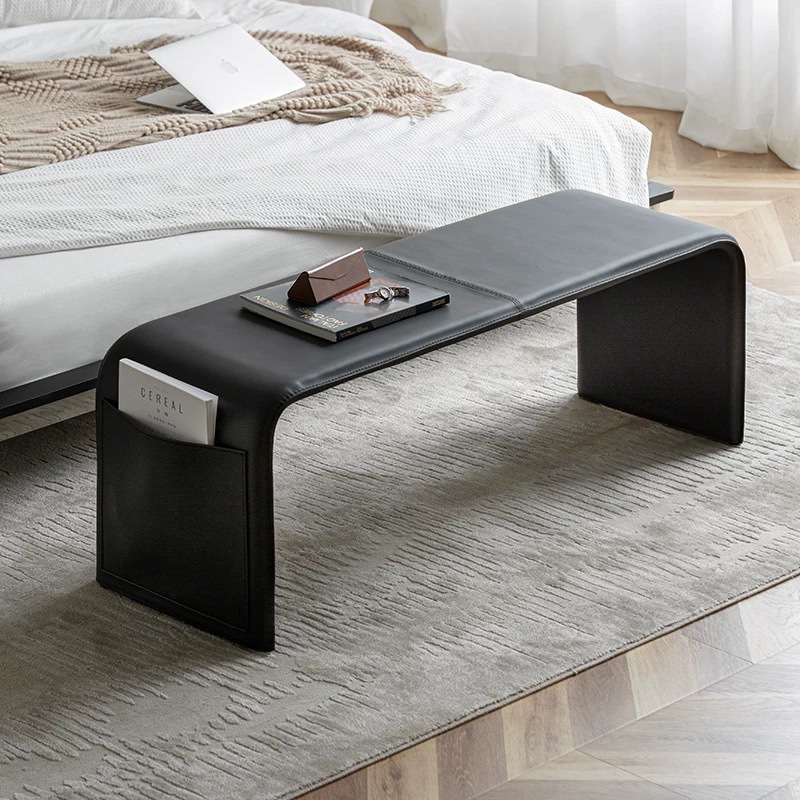 Nordic Recliner Bedroom Saddle Leather Genuine Leather Bed End Stool C-Shaped Storage Sofa Bed Ottoman Shoe-Changing Low Stool Solid Wood