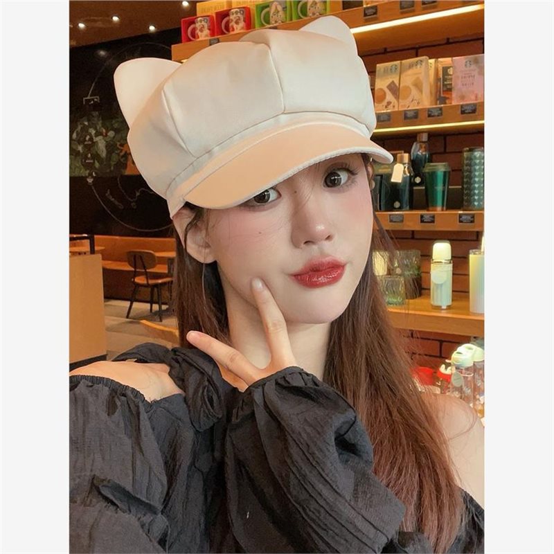 Шляпа с ушками кошки для женщин, летняя тонкая милая беретка, шляпа для студентов, визуально сужающая лицо