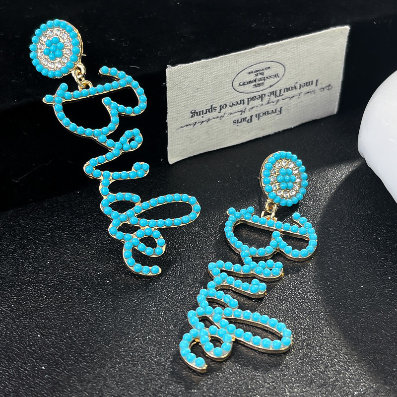 Cross-Border New Style Exaggerated Design with Rice Beads and English Letters Alloy Bridal Earrings Wedding Earrings Wholesale