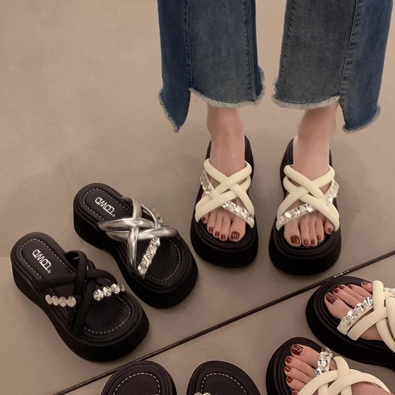 Beach Height-Increasing New Chinese Style Fashionable Petite Rhinestone Versatile Foot-Wear Fairy Super Popular Slimming Non-Casual