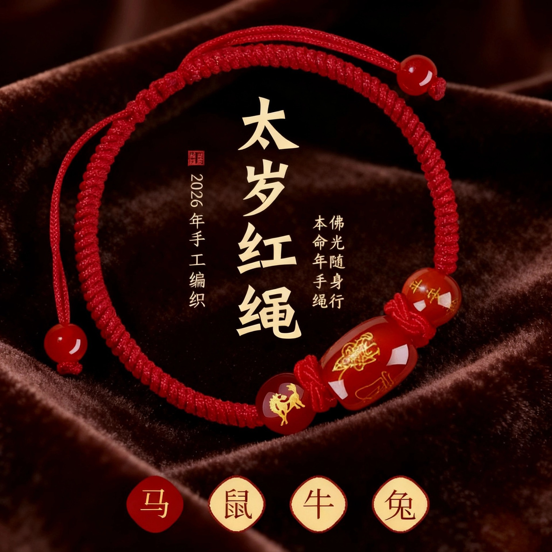 2026 Tai Sui Red String Bracelet, Vajra Knot Bracelet, Hand-Woven Bracelet, Horse, Ox, Rat, Rabbit Zodiac Year Red String Bracelet