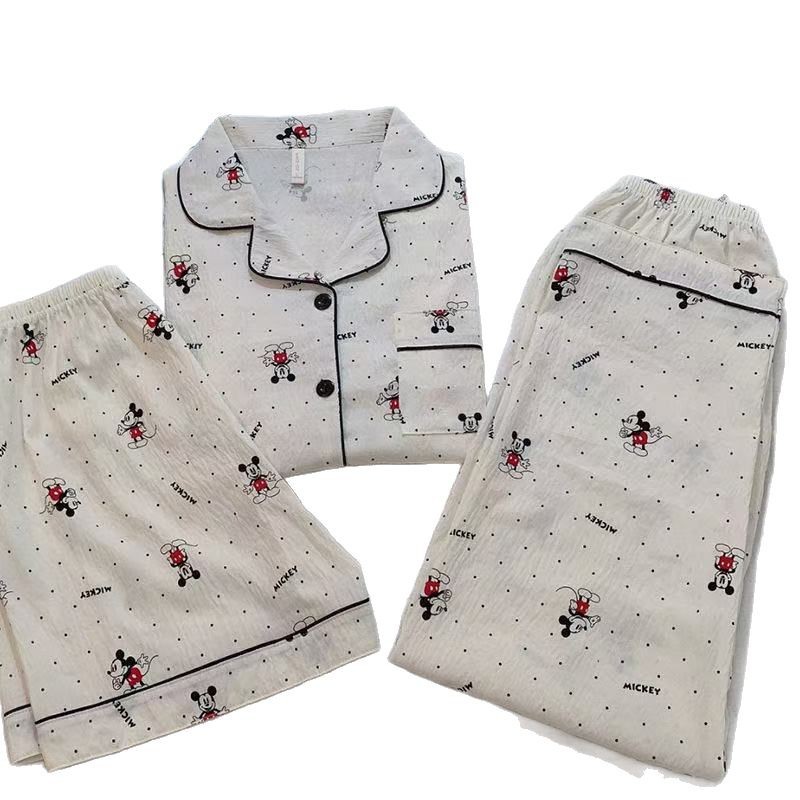 Summer Summer Porch Mickey Cloud Cotton Three-Piece Set Lapel Short-Sleeved Shorts Trousers Home Clothes Pajamas Women's Suit