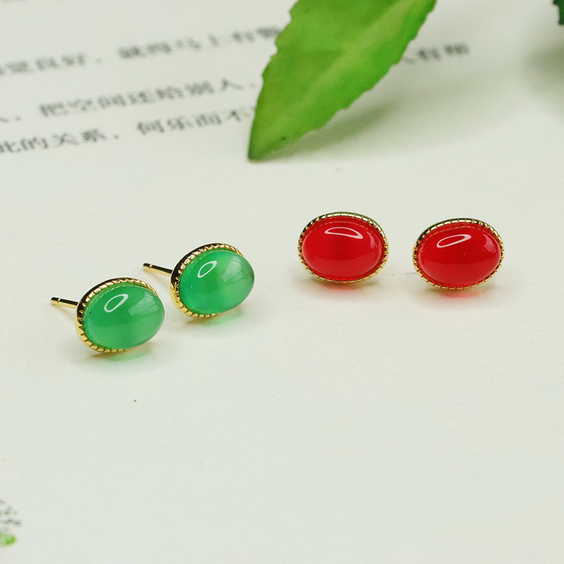 Ai Yu Green Agate S925 Silver Needle Earrings Jadeite Earrings Jewelry Factory Wholesale Live Streaming Dropshipping S3101005A