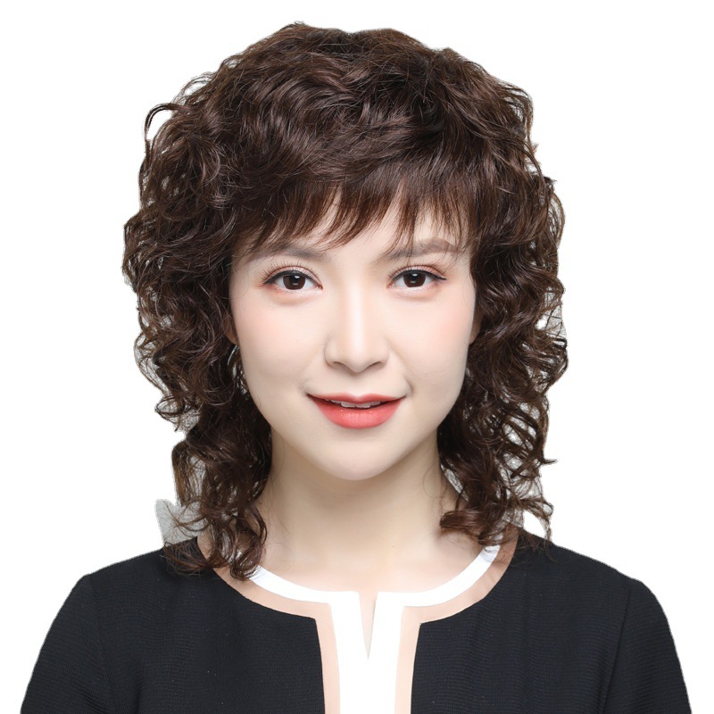 Wig women's long curly hair full head cover women's mother real hair cover full real human hair natural fake hair in stock