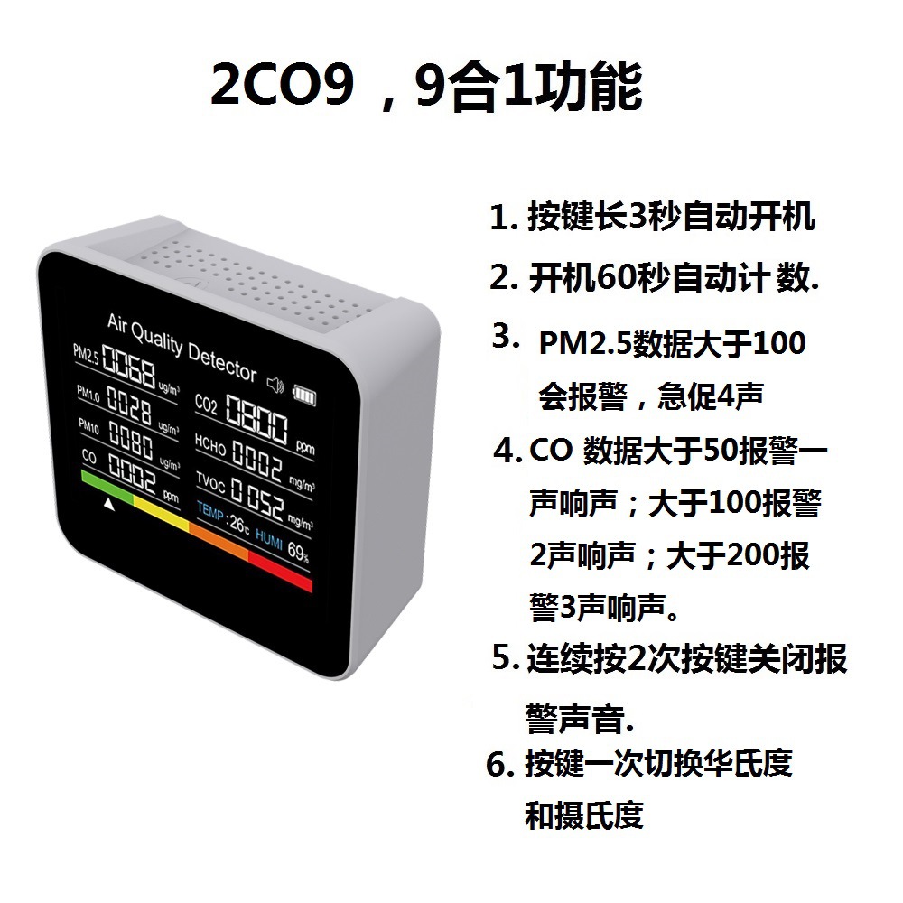 2Co9, Co2 Carbon Dioxide Co Carbon Dioxide Detector Household Pm2.5 Formaldehyde Tvoc Air Quality Empty