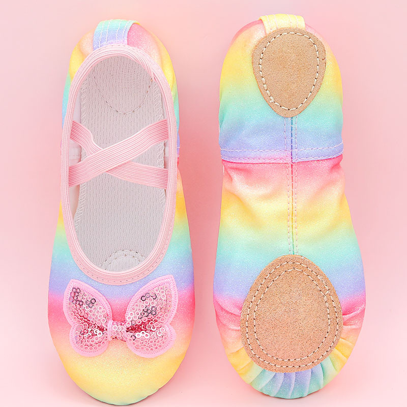 2024 New Children's Dance Shoes Rainbow Color Practice Shoes Girls Princess Soft Sole Dance Shoes Performance Cat Claw Dance Shoes