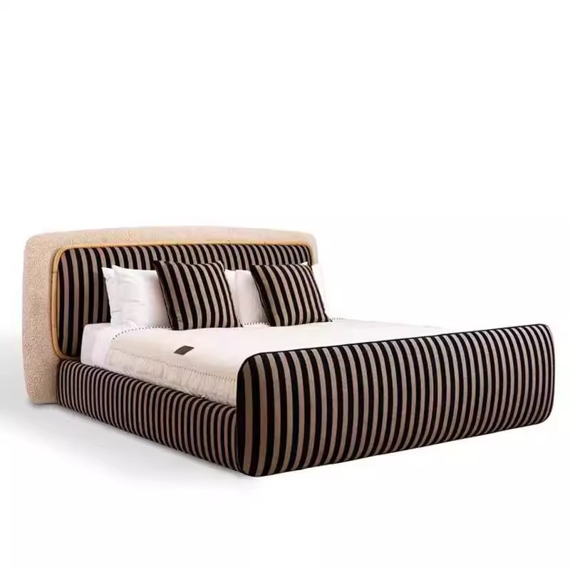 Italian-Style Fabric Bed with Lambswool Black and White Striped Bed, High-End Custom Design Velvet Bed for Luxury Villas, Double Bed