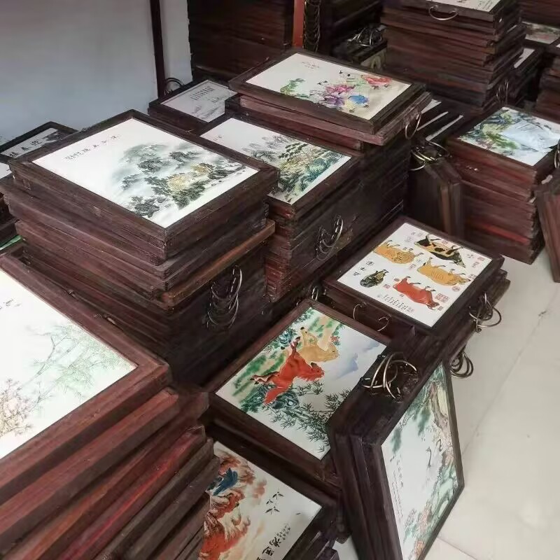 Jingdezhen Ceramic Painting Porcelain Plate Painting Imitation Mahogany Four-Screen Living Room Hanging Painting Restaurant Hanging Screen Decorative Painting Plum Orchid Bamboo and Chrysanthemum