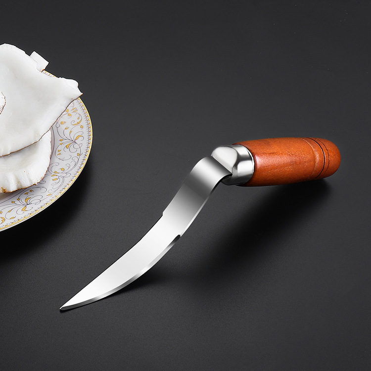 Прямые поставки с завода, совок для кокосового мяса из нержавеющей стали с изогнутым лезвием, разделитель кокосового мяса с заостренной деревянной ручкой