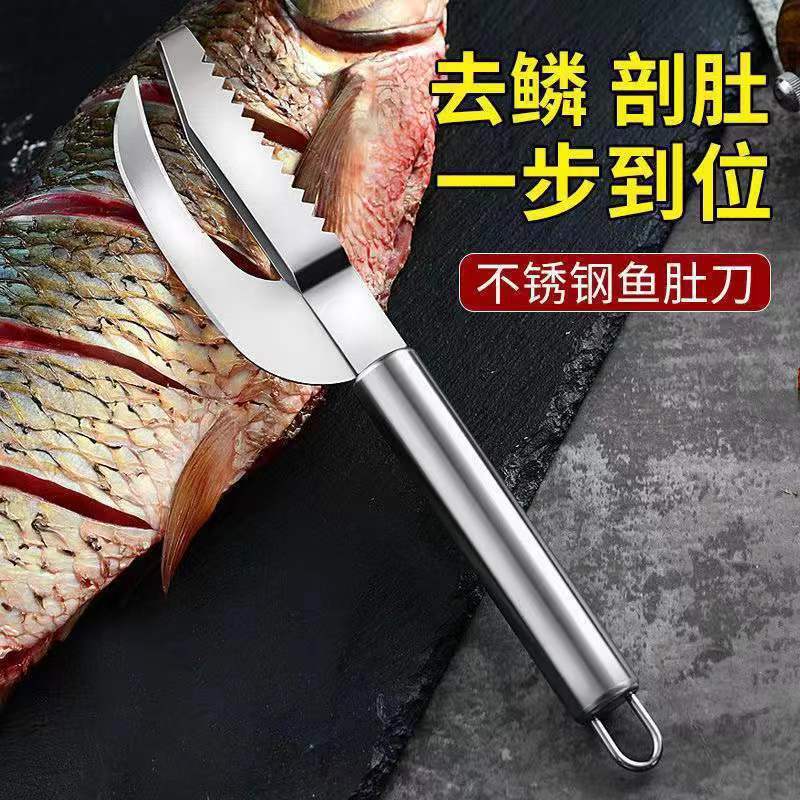 Fish Scale Scraper and Fish Belly Knife for Home Use, Thickened Stainless Steel, Two-In-One Fish Scale Remover and Fish Belly Breaker, Fish Killing Knife, Fish Scale Brush