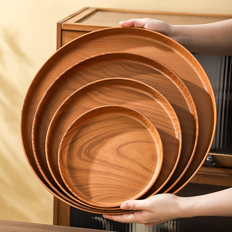 Поднос под имитацию древесной текстуры Круглый пластиковый поднос для чая Поднос для хранения стаканов Кафе Поднос для закусок