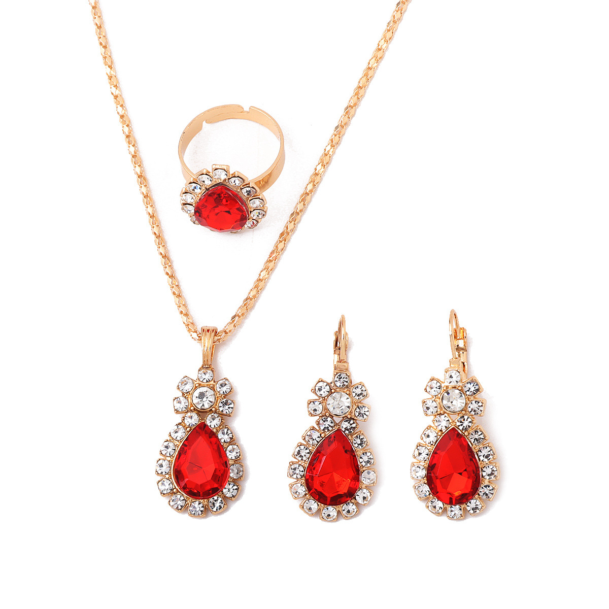 European and American Cross-Border Jewelry Pendant Necklace Earrings Ring Set with Diamonds Three-Piece Set Fashionable Bridal Decorative Jewelry Set