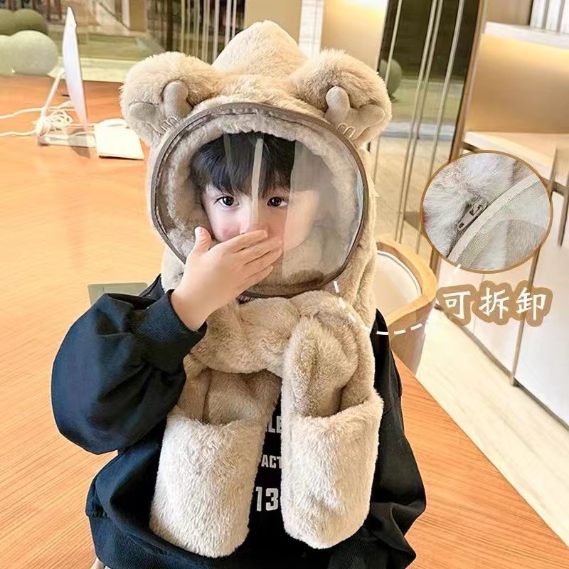 Baby Hat Winter Riding Warm Fluffy Hat Boys' and Children's Protective Mask Children's Scarf Gloves Integrated Cap Windproof