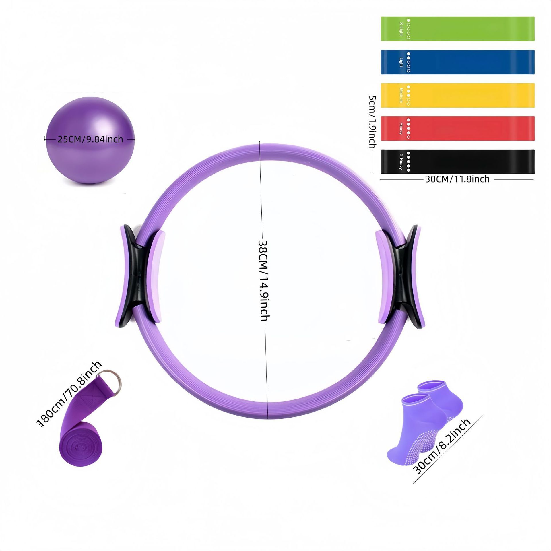 Cross-Border New Popular Pilates Ring and Ball 9-Piece Set, with 5 Resistance Bands for Home Exercise Yoga Ball