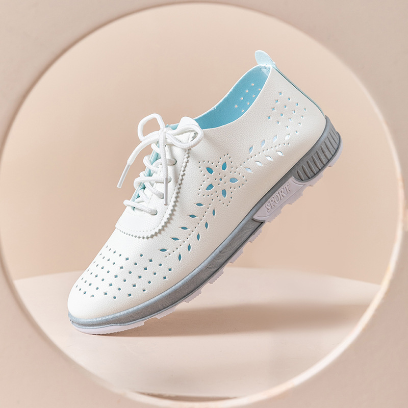 Cross-Border New Women's Shoes, Hollow Breathable Leather Shoes, Summer Comfortable and Cool Women's Slip-On Mom's Shoes, Casual and Versatile