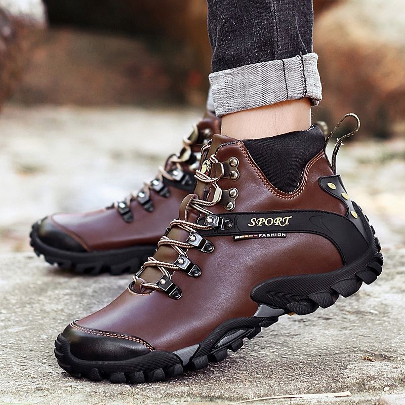 Foreign Trade Export Autumn and Winter Genuine Leather Hiking Shoes Men's Outdoor Shoes Travel Shoes High-Top Hiking Shoes Waterproof Non-Slip Hiking Shoes