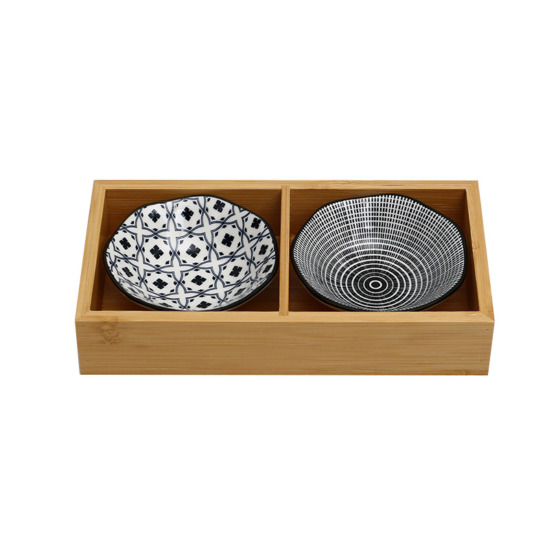 Nordic-style Bamboo-wood Jiugongge Hot Pot Barbecue Tray Combinations Ceramic Dip Dishes Tray Snacks Platter