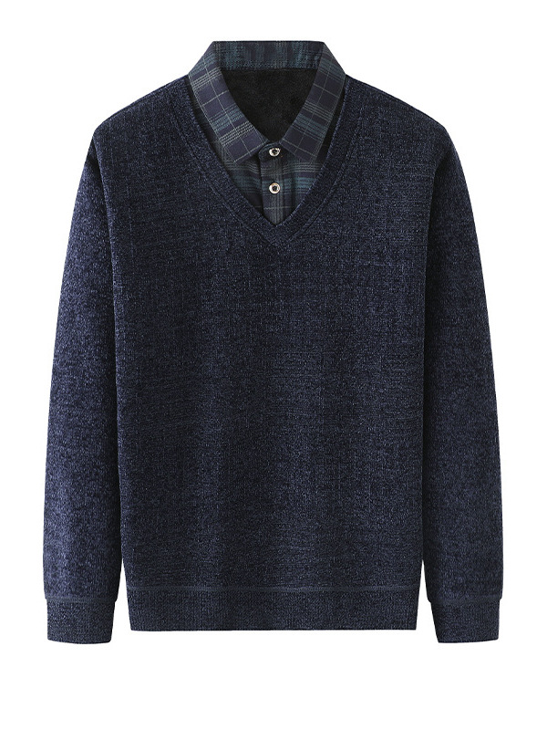 fleece-lined Warm Sweater Fake Two-piece T-shirt Middle-aged and Elderly Men's Fashionable Dad Winter New Casual Thickened Base Shirt