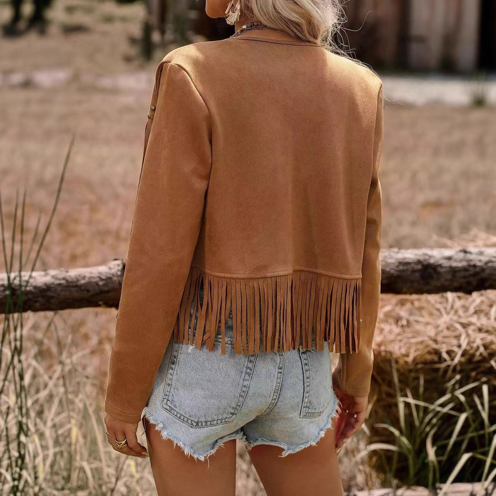 2025 Amazon New Tassel Jacket Women's Suede Studded Decorative Buttonless Mid-Length Jacket Long-Sleeved Cardigan