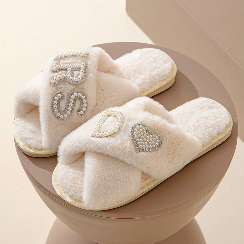 MRS New plush slippers women fleece thickened home cotton slippers cross-border explosion wedding fluffy slippers Indoor