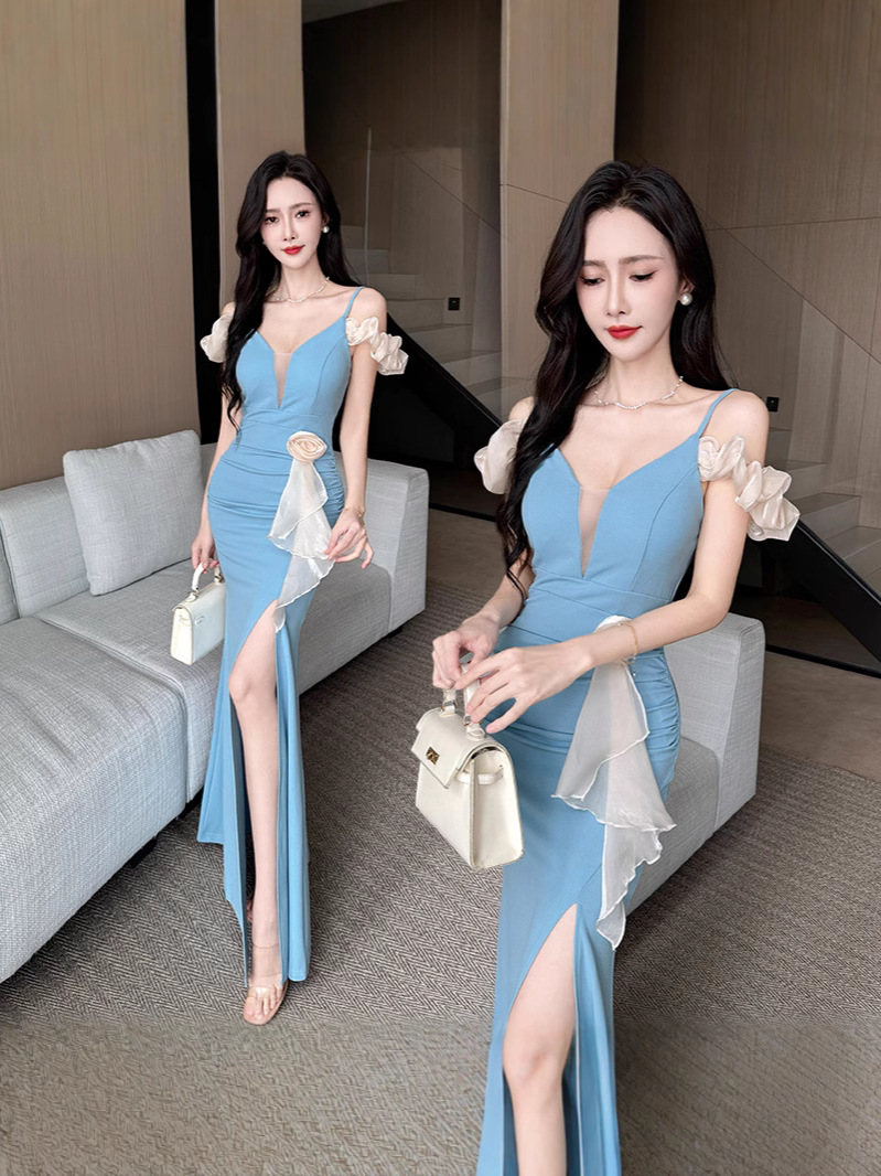 1625 High-end Strap Shoulder Strap Flower dress Evening Dress Engagement Banquet Flower Stitching Waist Split