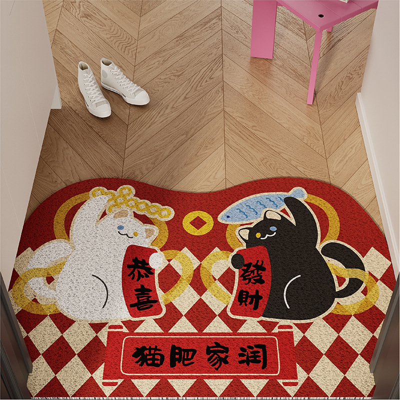 Fortune Cat Entry Floor Mat Silk Circle Festive Red New Year Entrance Anti-Slip Dust Removal Foot Mat Entrance Door Mat
