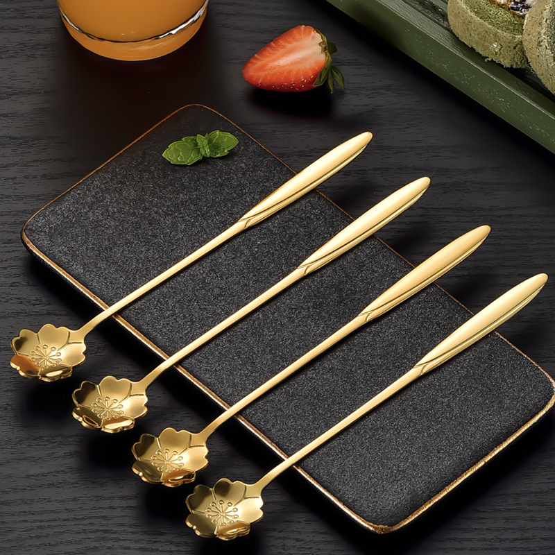 Golden stainless steel cherry blossom spoon coffee spoon dessert spoon mixing spoon mug with hand gift glass cup spoon wholesale