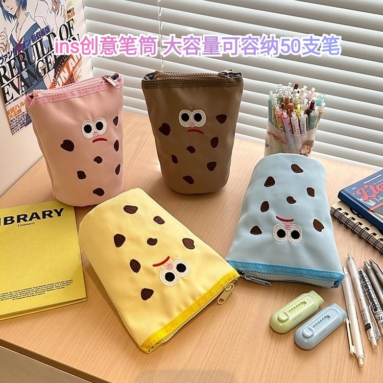 New high-value pen barrel pencil case cute cartoon creative vertical flip stationery storage bag student cylinder pencil case