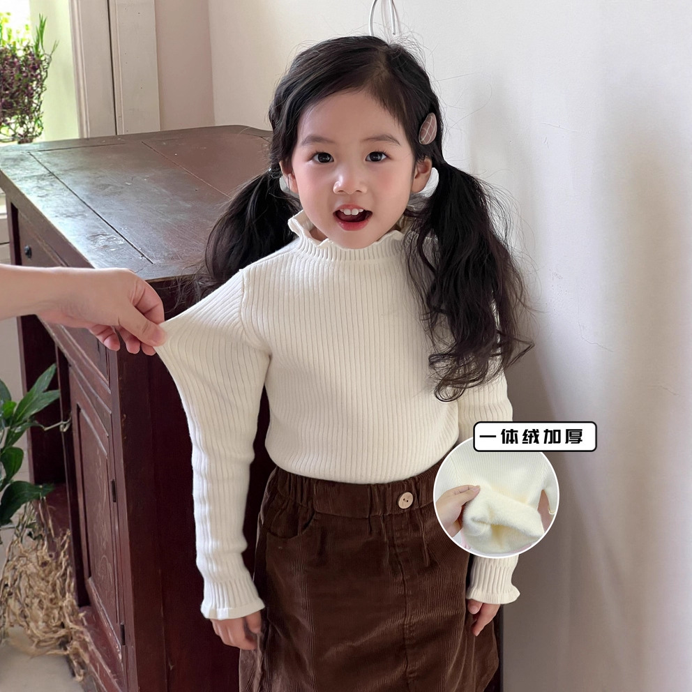 Детский флисовый свитер на осень и зиму, теплый вязаный с флисовой подкладкой, корейская одежда для малышей с кружевным воротником