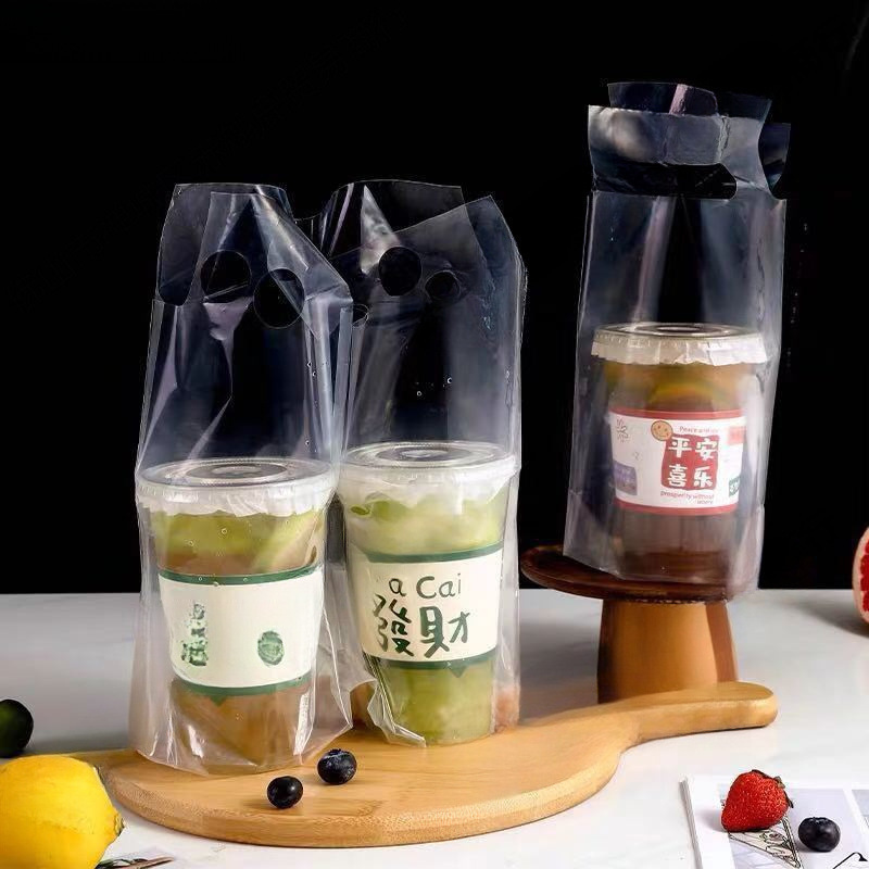 Thickened Beverage Single Milk Tea Shop Portable Disposable Take-Out Double Cup Transparent Drink Bag Packaging Bag Plastic Belt