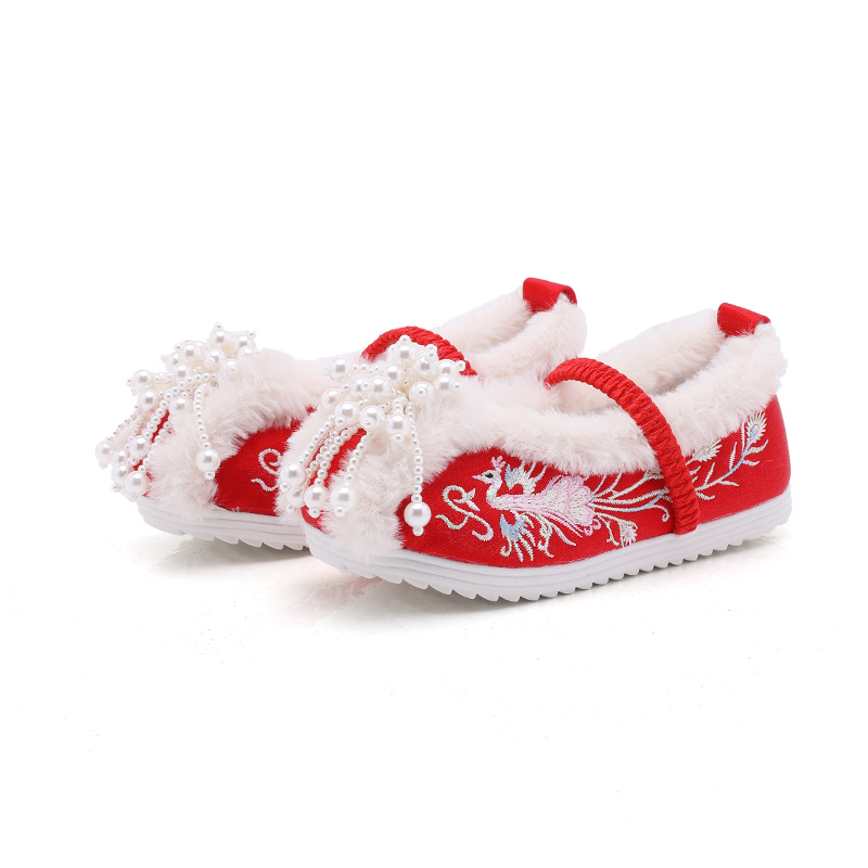 Hanfu shoes winter fleece-lined girls' boots new with horse-faced skirt children's shoes ancient costume national style cotton shoes children's embroidered shoes