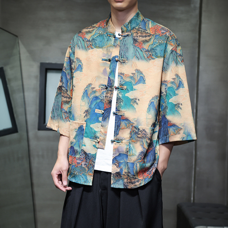 Chinese Style Ice Silk Three-Quarter Sleeve Shirt for Men, Tang Suit with Button Closure, Hanfu, Large Size Printed Short-Sleeve Shirt, Ethnic Style