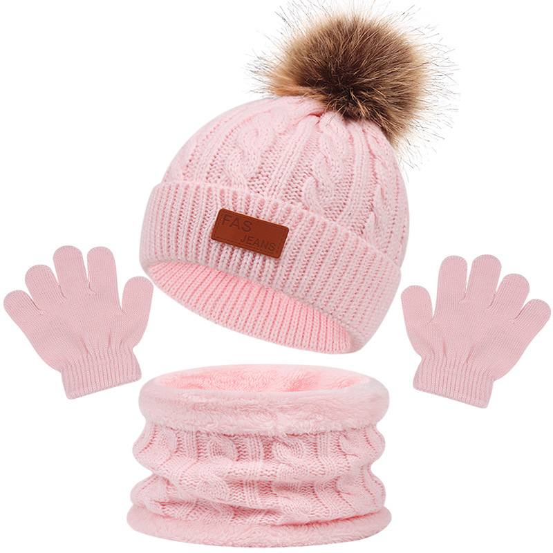 Cross-border European and American children's hat scarf gloves three-piece autumn and winter New Single ball baby hat