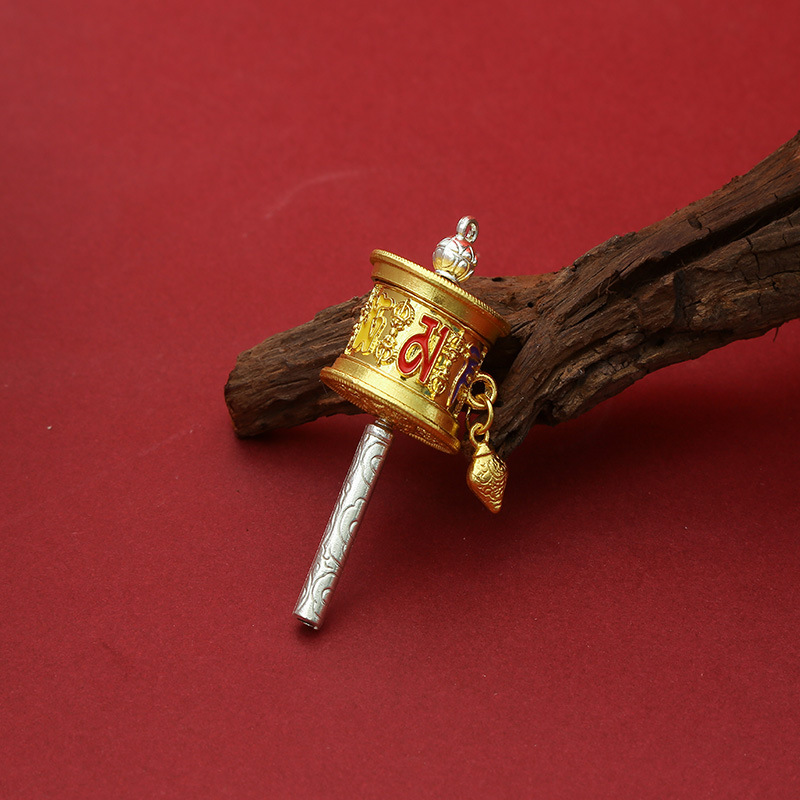 Trendy Xizang Alloy Dripping Oil Prayer Tube Pendant Six-Character Mantra Luggage Car Hanging Tassel Keychain Accessories