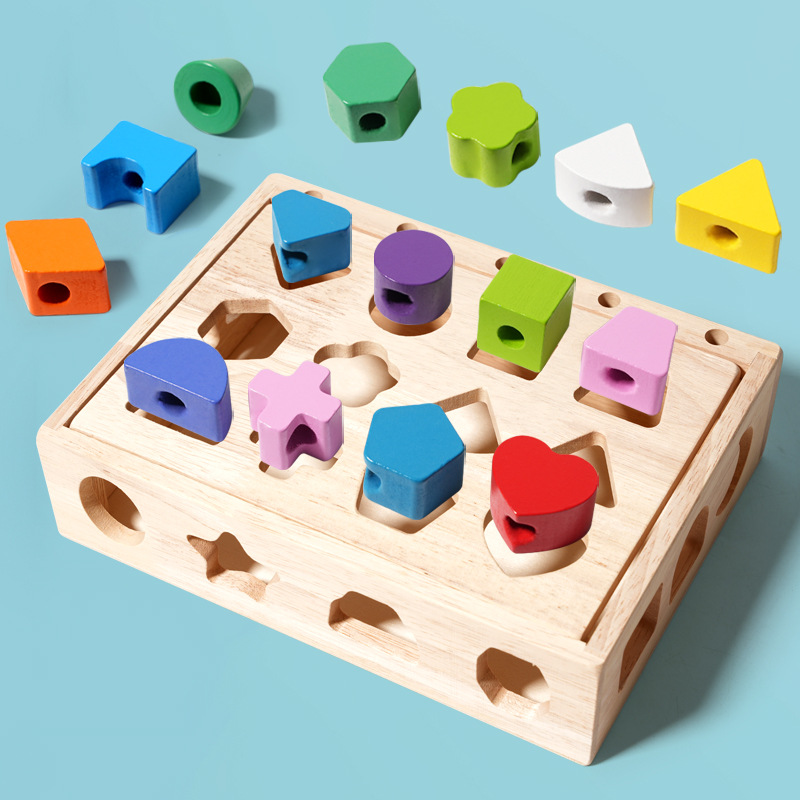 Children's Wooden Toys Geometric Shape Matching Color String Building Blocks Colorful Five Sets of Columns Enlightenment Early Education Intelligence Box