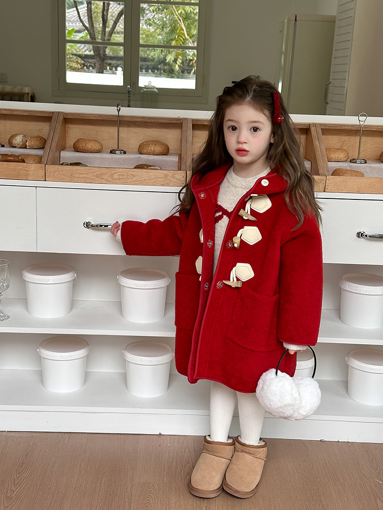 [Fleece and Thickened] Girls Korean Style Western Style New Year Style Mid-Length Hooded Woolen Coat