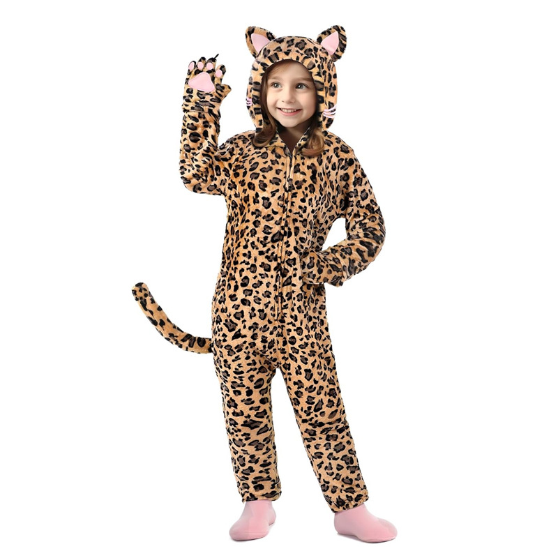Cartoon Animal One-Piece Pajamas Home Clothes 2025 New Style with Cat Claws Black Cat Leopard Print Cat Kidsren's Anime Jumpsuit