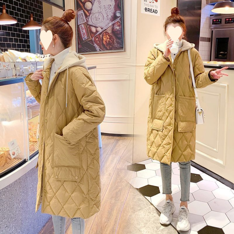 2025 New Winter Style Cotton-Padded and Thickeneded Versatile Knee-Length Mid-Length Diamond Plaid Loose Hooded Jacket for Women