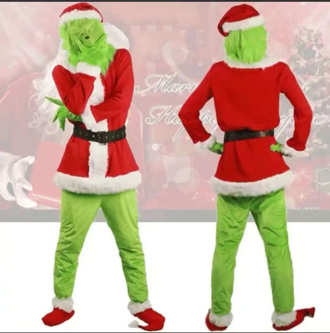European and American Christmas Clothing for Adults and Kidsren, Green-Haired Monster Grinch Costume, Mask, Hood, Party Costume
