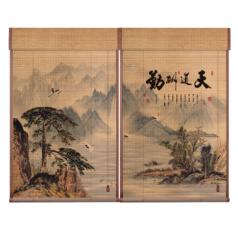 Bamboo Curtain Full Blackout Edge Roller Blind Printed Landscape Painting Curtain Study Bedroom Balcony Office New Chinoiserie Curtain