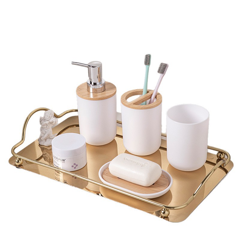 Bathroom Set Nordic Solid Color Round Ready-Made Bathroom Lotion Bottle Mouthwash Cup Toothbrush Holder Soap Box Bamboo Wholesale